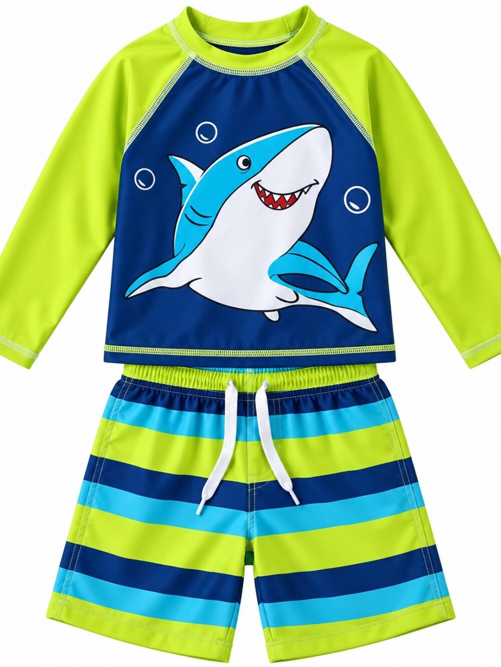 Boys Shark Rash Guard & Swim Trunks 2-Piece Set Lime Blue 🏖️